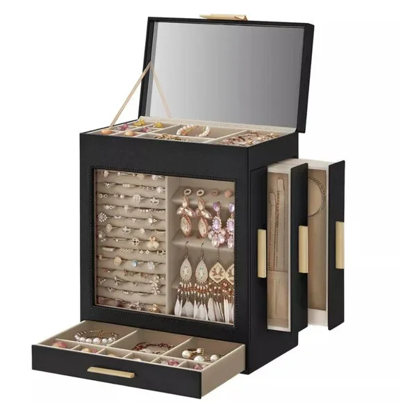 5-Layer Jewelry Box with Large Mirror, Modern Jewelry Organizer with 3 Side Draw - Picture 1 of 9